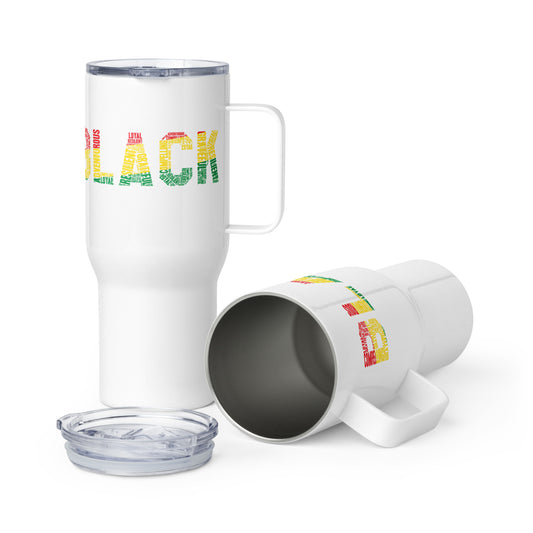 BLACK Word Cluster Travel mug with a handle