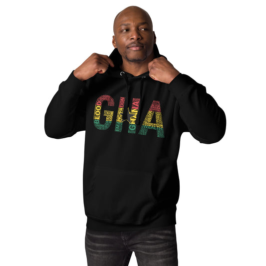 GHANA Abbreviated National Flag Inspired Word Cluster Unisex Hoodie