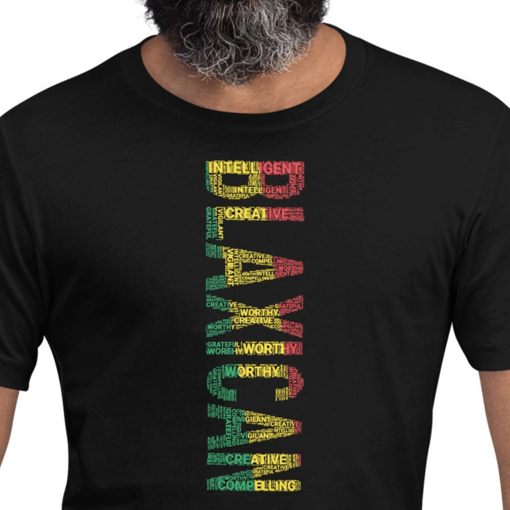 BLAXICAN (VERTICAL) BI-RACIAL Word Cluster with PAN-AFRICAN COLORS Short-Sleeve Unisex T-Shirt