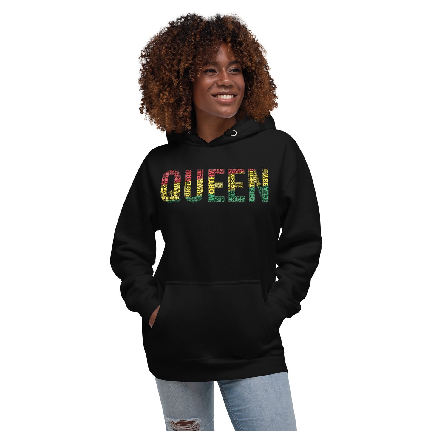 QUEEN Pan-African Colored Word Cluster Unisex Hoodie | Worthy, Grateful, Classy, Nurturing, Vigilant, Empathetic