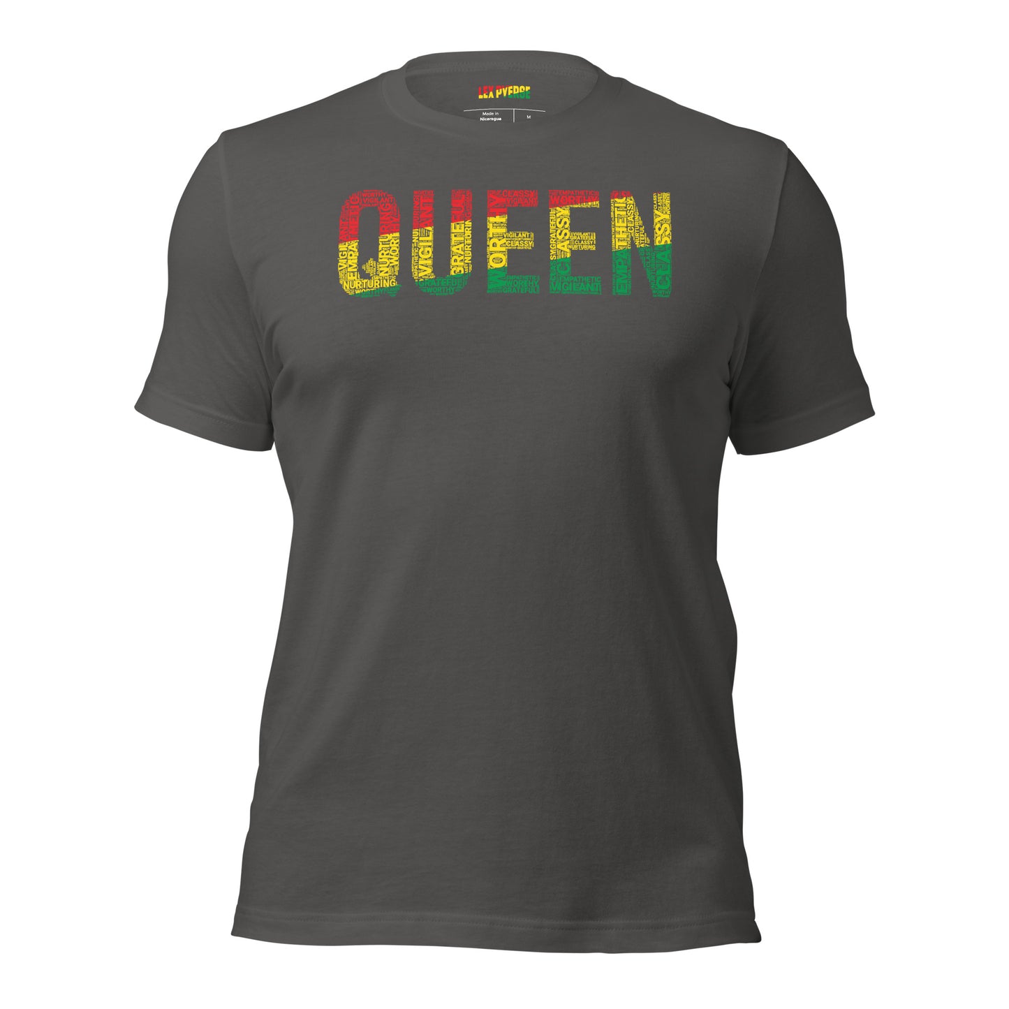 QUEEN Pan-African Colored Word Cluster Short-Sleeve Unisex T-Shirt | Worthy, Grateful, Classy, Nurturing, Vigilant, Empathetic