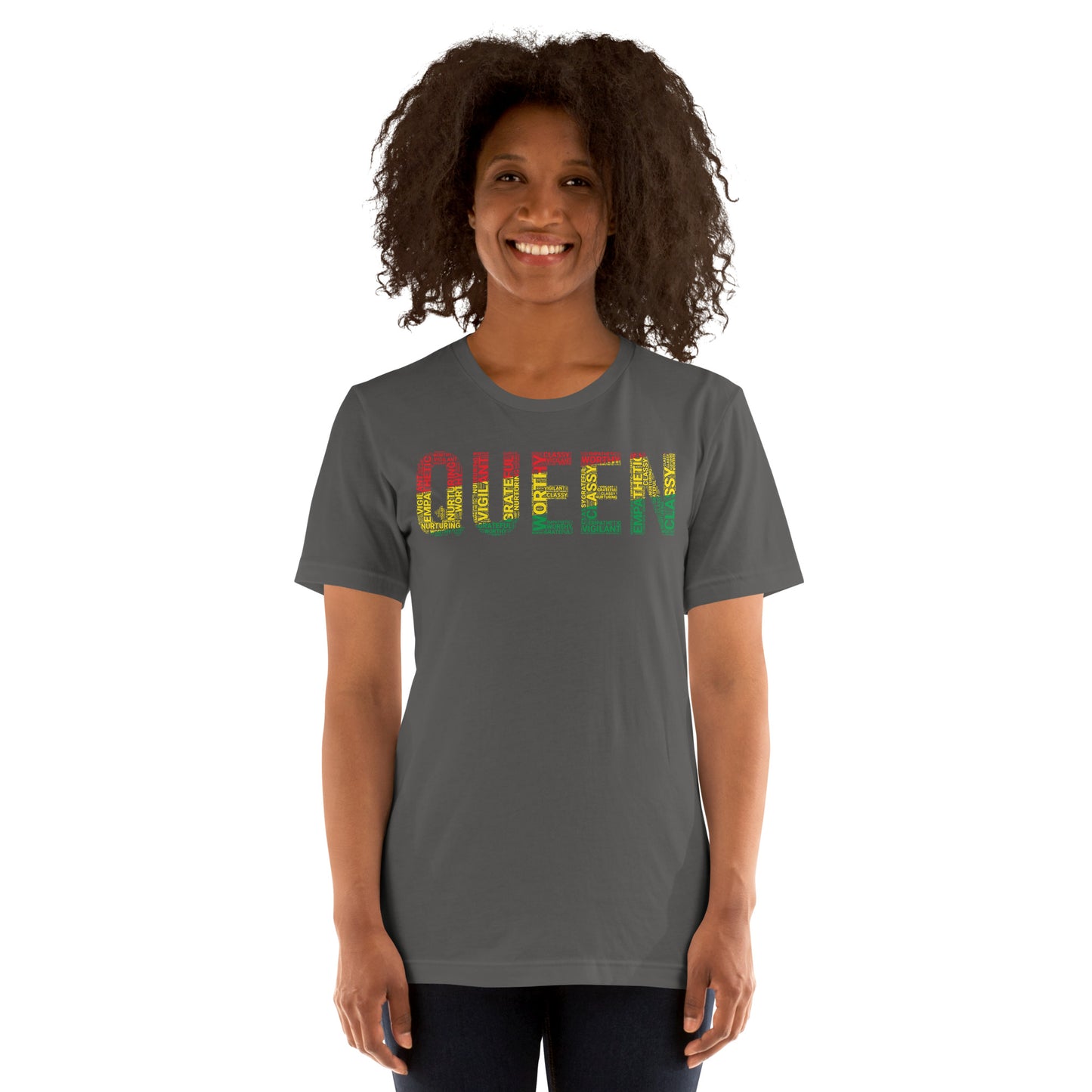 QUEEN Pan-African Colored Word Cluster Short-Sleeve Unisex T-Shirt | Worthy, Grateful, Classy, Nurturing, Vigilant, Empathetic