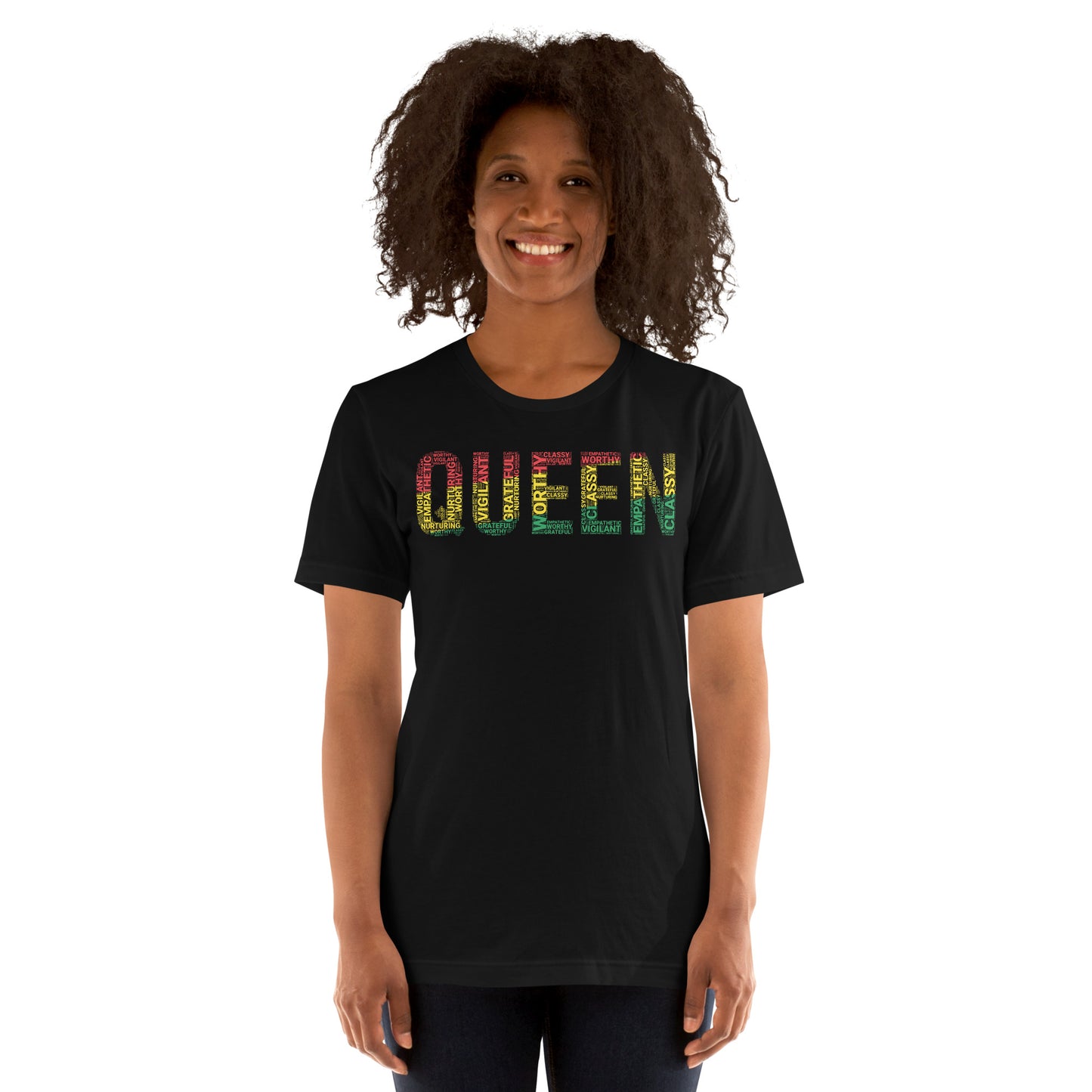 QUEEN Pan-African Colored Word Cluster Short-Sleeve Unisex T-Shirt | Worthy, Grateful, Classy, Nurturing, Vigilant, Empathetic