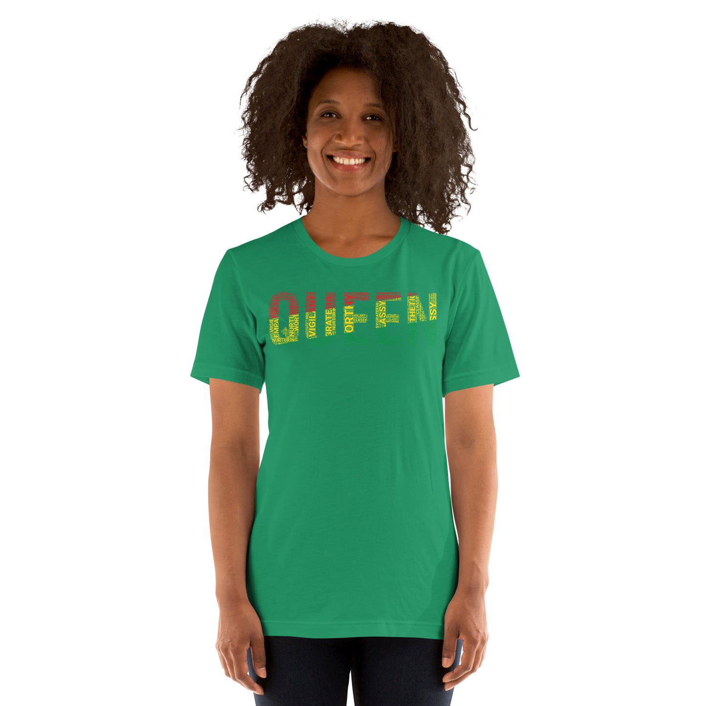 QUEEN Pan-African Colored Word Cluster Short-Sleeve Unisex T-Shirt | Worthy, Grateful, Classy, Nurturing, Vigilant, Empathetic